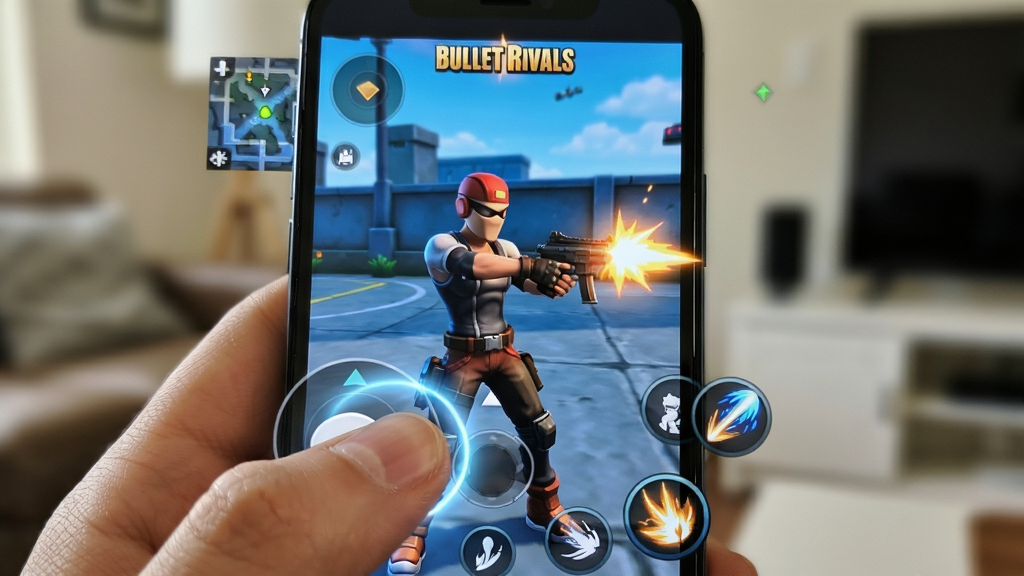 主体:手机竖屏显示《Bullet Rivals》游戏界面,玩家手指点击开火按钮。布局:特写镜头,突出屏幕中的角色和虚拟摇杆。排版:界面UI清晰,技能按钮在右下角,地图在左上角。风格:真实手机拍摄风格,屏幕亮度适中。细节:手指操作位置有明显触控反馈光效。画质:清晰,干净,无多余元素,背景为模糊的室内环境。