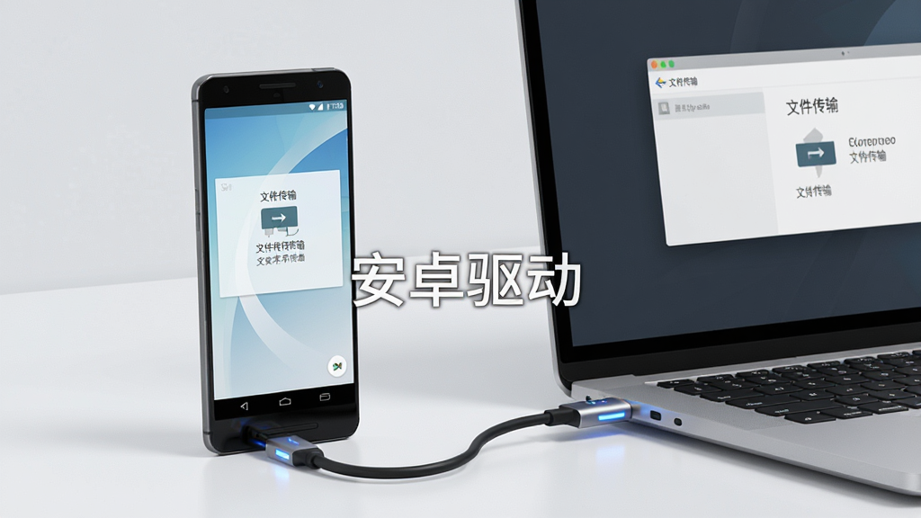 一张现代简约风格的3C数码产品渲染图,主体为一部亮屏的安卓智能手机与一台笔记本电脑通过USB线缆连接,屏幕显示