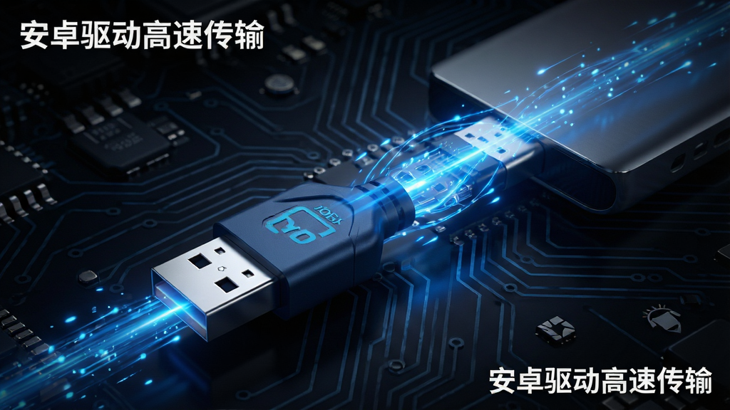 一张动态数据流视觉图,主体为USB接口连接两部设备,中间有蓝色光线组成的快速数据流动特效,背景为深色科技电路板纹理,布局具有速度感,排版具有张力,风格抽象且科技感强,细节光线锐利,画质高清干净,图片角落标注