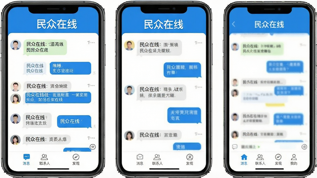一张展示“民众在线”APP主界面的高清截图,界面以蓝白为主色调,顶部显示“民众在线”字样,下方为聊天列表,包含多个对话气泡,底部导航栏有消息、联系人、发现、我的四个图标,整体风格简洁现代,画质清晰,干净无多余元素