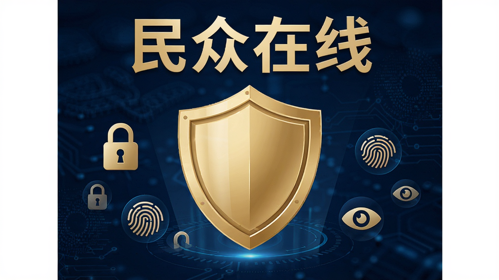 设计一张“民众在线”隐私安全宣传图,画面中央是一个金色的盾牌图标,背景为深蓝色科技感纹理,盾牌上方有“民众在线”字样,周围环绕着加密锁、指纹、眼睛等小图标,整体风格庄重专业,画质高清,干净无多余元素