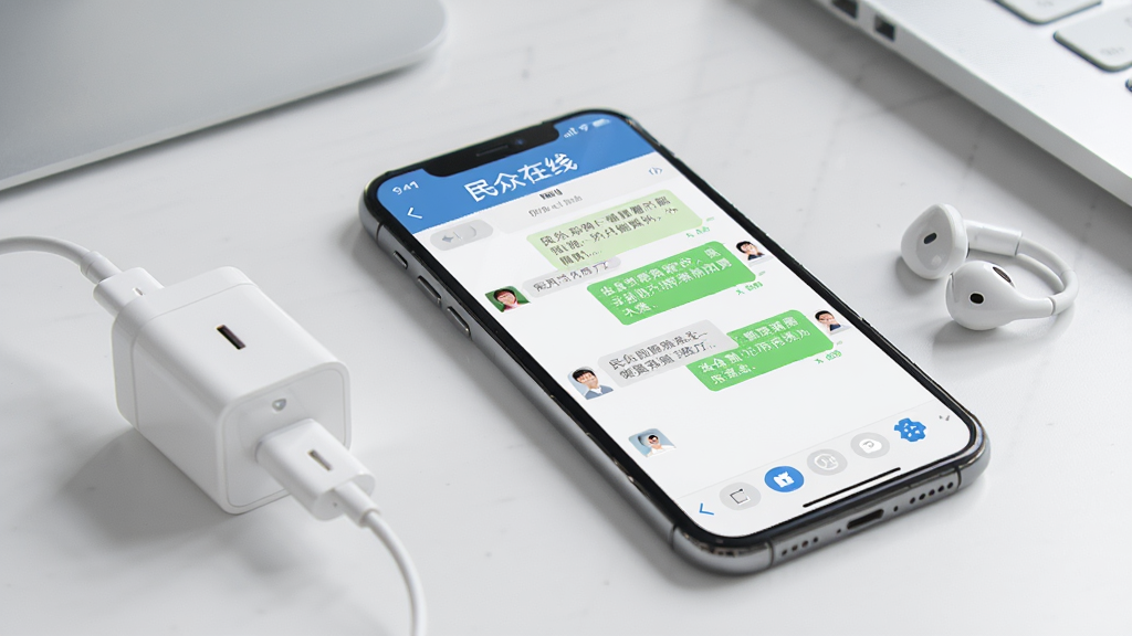一张“民众在线”使用教程配图,画面中一部手机屏幕显示“民众在线”的聊天界面,手机旁边摆放着充电器和耳机,背景为简洁的办公桌,整体风格干净明亮,画质高清,细节丰富