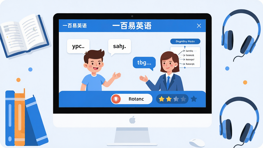 主体:一款名为“一百易英语学习平台”的教育软件界面,显示在电脑屏幕上,屏幕中有一个卡通人物正在与外教对话,旁边有单词卡片和语法图表,下方有录音按钮和评分星星。布局:电脑屏幕居中,周围有书本、耳机等学习元素。排版:屏幕内容清晰,功能图标排列整齐。风格:现代扁平化,色彩明快,以蓝色和白色为主。细节:屏幕上有“一百易英语”字样,画面干净,无多余元素。画质:高清,明亮,无噪点。