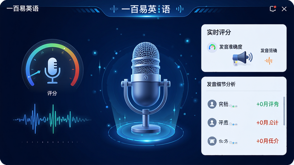 主体:AI语音评测功能界面,显示一个麦克风图标和波形动画,旁边有评分仪表盘和发音细节分析列表。布局:界面中央大麦克风,右侧为实时评分和错误标注。排版:简洁清晰,数据可视化。风格:科技感,深蓝背景配发光元素。细节:画面中有“一百易英语”字样和“发音准确度”等文字。画质:高清,干净,无多余元素。