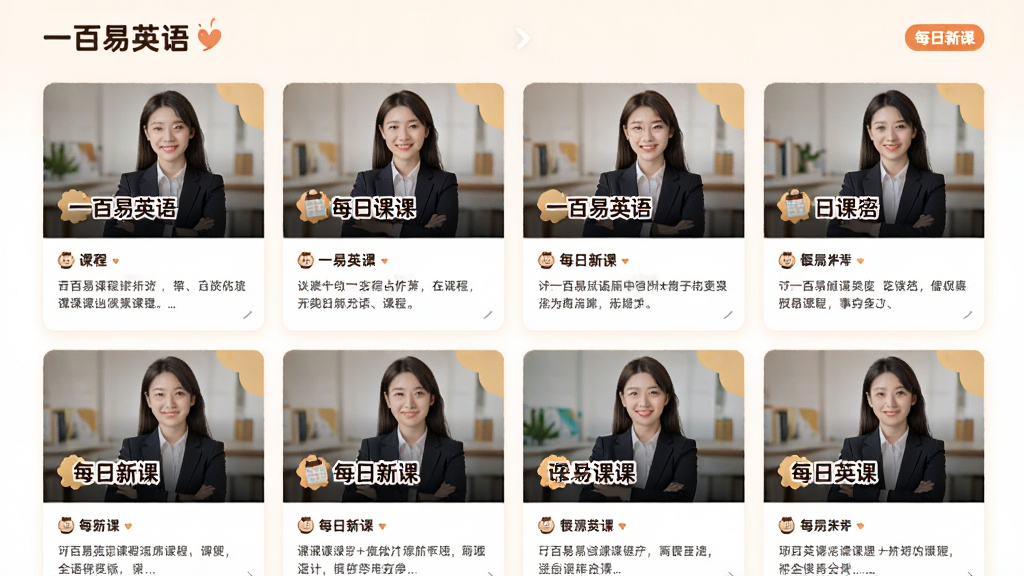 主体:课程列表页面,展示多个课程封面,有外教头像和课程标题。布局:网格状排列,每个课程卡片包含图片和简介。排版:整齐划一,滑动浏览。风格:清新活泼,暖色调。细节:画面中有“一百易英语”字样和“每日新课”标签。画质:高清,干净。