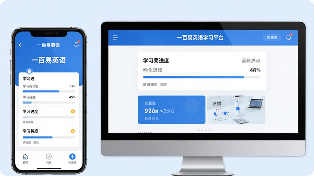 主体:手机和电脑并排展示一百易英语学习平台界面,屏幕上显示学习进度和评分。布局:手机在左,电脑在右。排版:设备居中,背景为淡蓝色。风格:简约商务,蓝白配色。细节:屏幕上有“一百易英语”字样,画面干净。画质:高清,柔和。