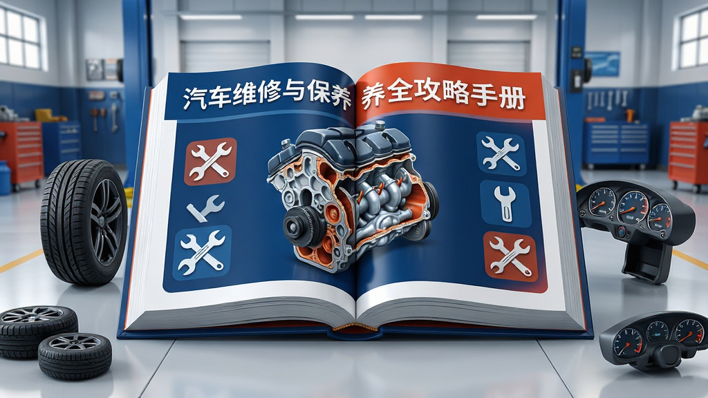 主体为一本翻开的巨型汽车维修手册,书页上浮现出清晰的发动机剖面图与扳手工具图标,背景是整洁的现代化维修车间。布局采用居中构图,手册位于视觉中心,周围环绕着轮胎、仪表盘等汽车零部件元素。排版疏朗大气,信息层级分明。风格为写实3D渲染,结合扁平化UI图标,色调以深蓝与橙红为主,强调专业与科技感。细节上,书页文字清晰可见“汽车维修与保养全攻略手册”字样,光线反射自然。画质为8K超高清,干净无多余元素,突出工具书的实用属性。