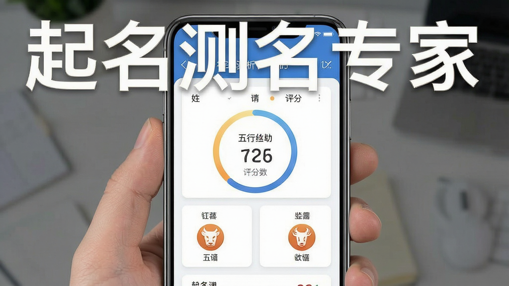 一张展示起名测名专家应用主界面的高清截图,主体是手机屏幕内显示姓名分析报告页面,布局清晰,包含姓名、五行、评分等核心数据卡片,排版简洁大方,风格现代扁平化,细节上突出分数圆环和生肖图标,画质清晰干净,无多余元素,图片上标注“起名测名专家”字样