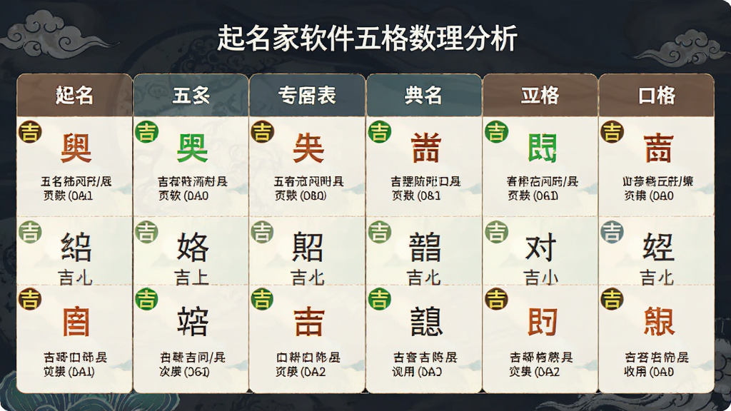 起名测名专家软件五格数理分析功能截图,主体展示一个姓名五格吉凶对照表,布局为表格形式,排版清晰,风格古风与现代结合,细节处每个格子有吉凶颜色标识和简短批注,画质高清干净
