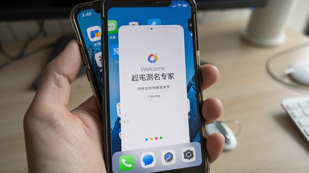 一张起名测名专家在手机桌面运行的实拍图,主体是手机握在手中,屏幕显示软件图标和打开后的欢迎页,布局为上下结构,排版直观,风格真实生活场景,细节包含手机边框和桌面背景,画质清晰对焦准确