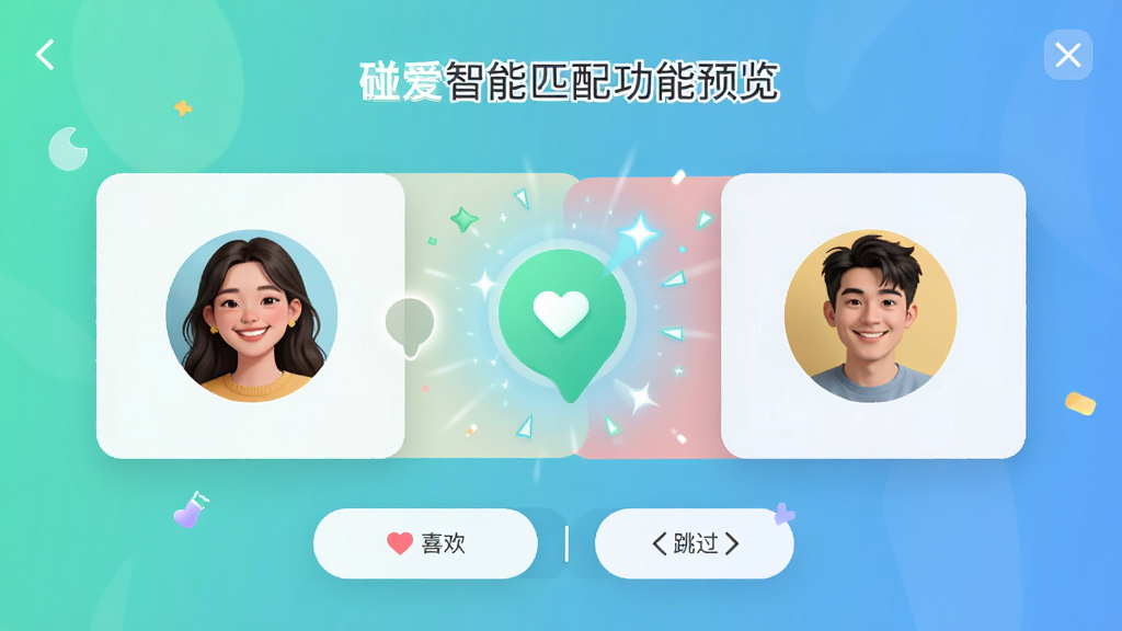 碰爱智能匹配功能预览图,主体为两位用户头像卡片左右滑动界面,布局居中,排版有“喜欢”和“跳过”按钮,风格清新活泼,细节展示匹配成功动画特效,画质细腻干净