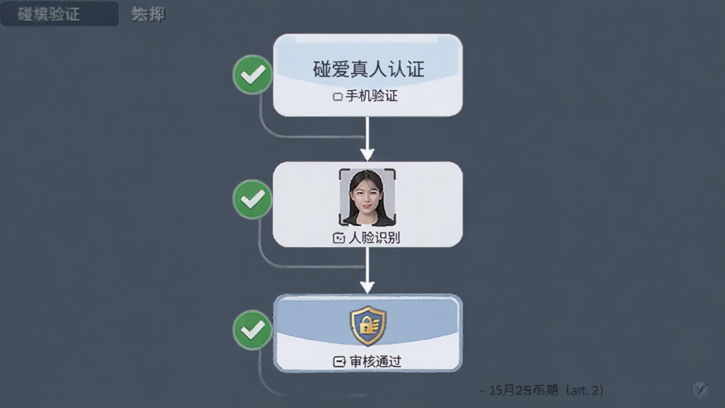 碰爱真人认证页面示意图,主体为认证流程步骤图,包含手机验证、人脸识别、审核通过三个环节,布局采用纵向时间线,风格正式简洁,细节打勾图标与盾牌标志,画质清晰干净