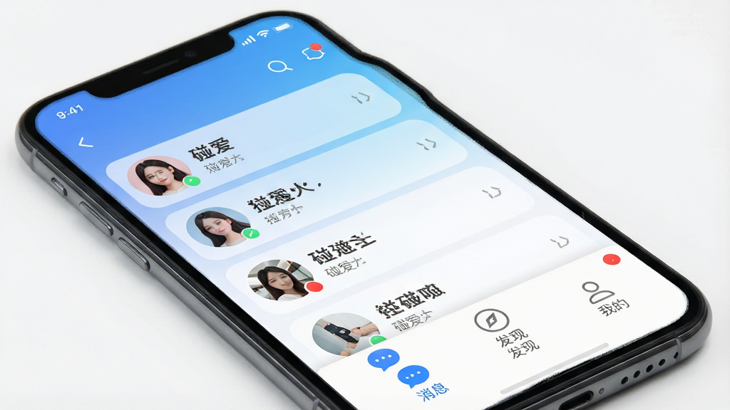 一张展示碰爱APP主界面的生图提示图,主体为手机屏幕内显示碰爱聊天列表与底部导航栏,布局清晰,包含“消息”、“发现”、“我的”三个标签,风格现代简约,色彩以蓝白渐变为主,细节包括头像圆角、未读红点,画质高清干净无多余元素