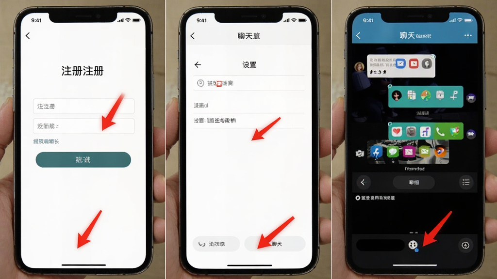 碰爱使用教程配图,主体为手机操作界面截图拼接,包含注册、设置、聊天三个步骤,布局为横向排列,风格简洁教程风,细节用红色箭头标注重点按钮,画质干净清晰