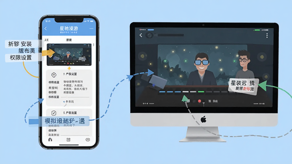 星驰漫游使用教程图解,手机与电脑模拟器并排展示,界面标注安装步骤与权限设置,背景浅蓝,扁平插画风格,高清画质,干净无多余元素