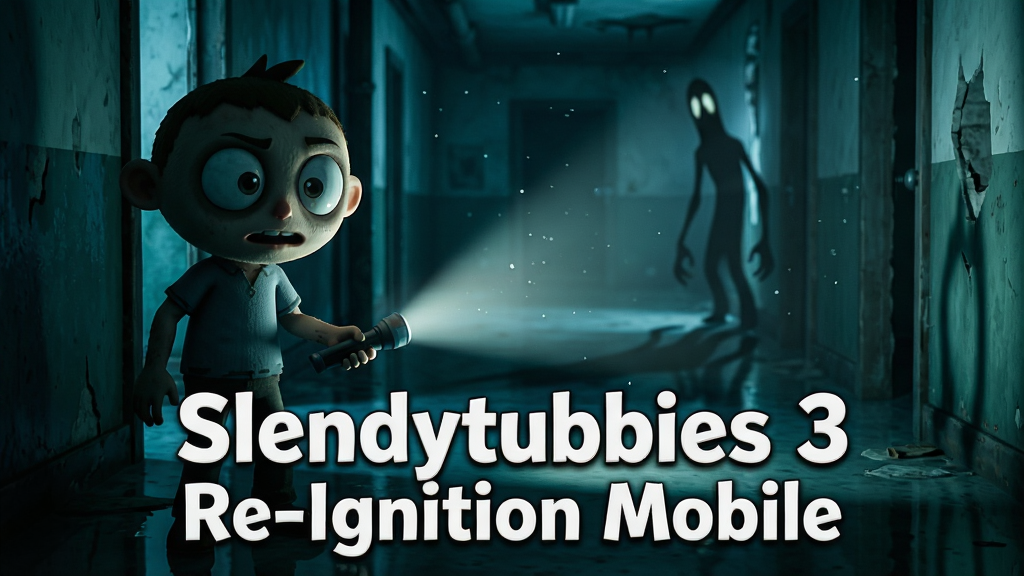 主体:《Slendytubbies 3 Re-Ignition Mobile》游戏主视觉图,展示主角在昏暗走廊中手持手电筒,背景隐约出现瘦长鬼影;布局:主角居左,阴影居右,中间留出纵深空间;排版:画面下方居中显示游戏标题“Slendytubbies 3 Re-Ignition Mobile”白色艺术字;风格:写实与卡通结合的恐怖风格,冷蓝绿色调,高对比度光影;细节:地面反光、墙壁破损、空气中漂浮尘埃粒子;画质:4K高清,电影级光影,干净无多余元素。