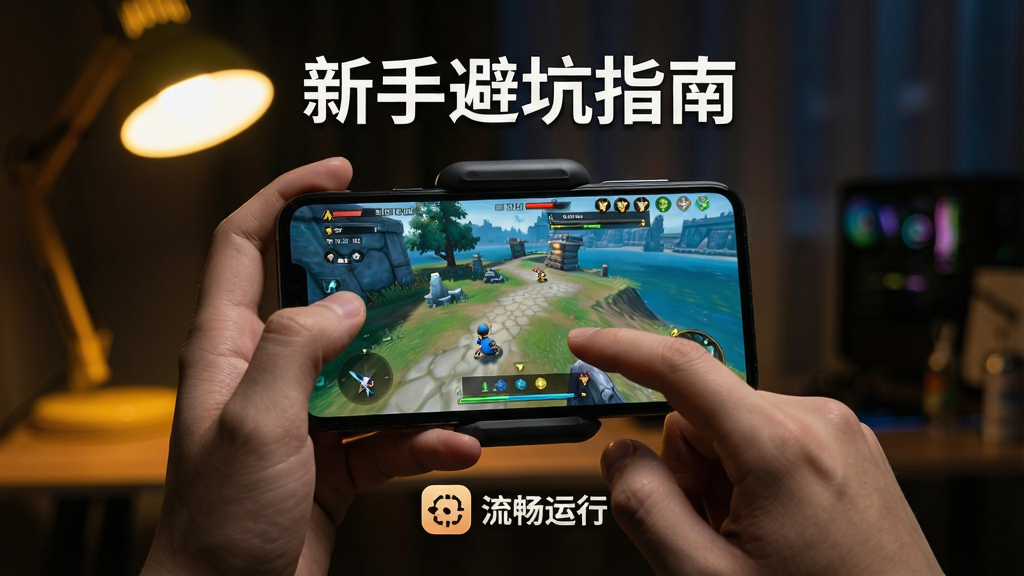 主体:玩家手持手机进行游戏,屏幕中显示游戏运行画面,背景为昏暗的室内环境;布局:手机位于画面中央,屏幕内容清晰可见,周围环境虚化;排版:手机屏幕上方显示“新手避坑指南”字样,下方显示“流畅运行”图标;风格:写实拍摄风格,暖色台灯光源,突出屏幕亮度;细节:手指轻触屏幕、手机散热背夹可见;画质:4K超清,细节丰富,干净无多余元素。