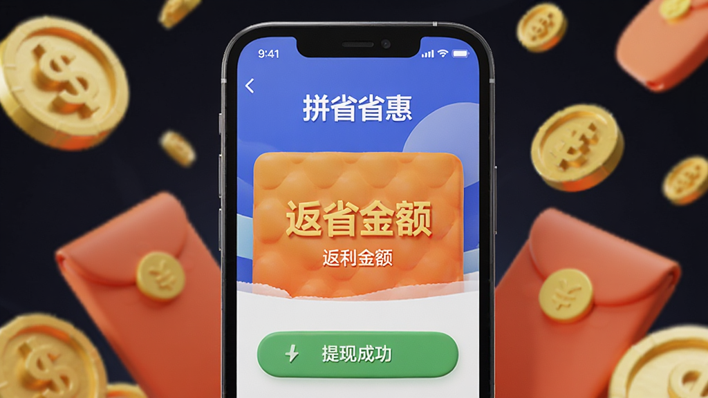 画面主体为手机界面展示“拼省省惠”的返利金额和提现成功页面,背景是象征财富的金色硬币和红包元素,整体布局居中,排版直观,3D渲染风格,光影效果柔和,细节丰富,画质干净,无多余元素