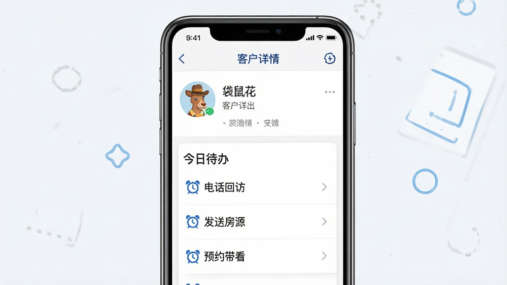 一张展示“袋鼠经纪人”客户跟进提醒功能的界面设计图,手机界面中央显示一个客户详情页,下方有“今日待办”列表,包括电话回访、发送房源、预约带看等事项,并配有闹钟图标,整体色调以白色和蓝色为主,风格简洁明了,画质高清,无多余元素。