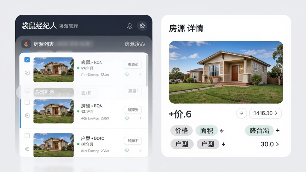 展示“袋鼠经纪人”房源管理功能的界面截图,左侧为房源列表,右侧为房源详情卡片,包含房屋照片、价格、面积、户型等标签,背景为淡灰色,卡片采用圆角设计,信息布局清晰,整体风格简洁商务,画质清晰,无多余元素。