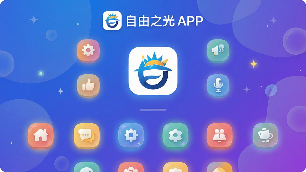 主体:自由之光APP界面展示,中央是品牌logo,周围环绕着功能图标;布局:上下结构,上方为logo与名称,下方为功能网格;排版:简洁清晰,图标均匀分布;风格:现代扁平化设计,色彩明亮;细节:图标带有微光效果,背景为渐变蓝紫色;画质:高清渲染,干净,无多余元素