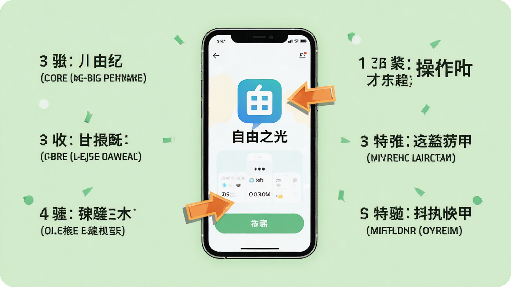 主体:手机屏幕显示自由之光应用主界面,旁边有操作提示箭头;布局:手机居中,周围有步骤文字说明;排版:步骤从上到下排列;风格:教程插画风;细节:箭头指向关键按钮,背景为浅绿色;画质:高清,干净,无多余元素