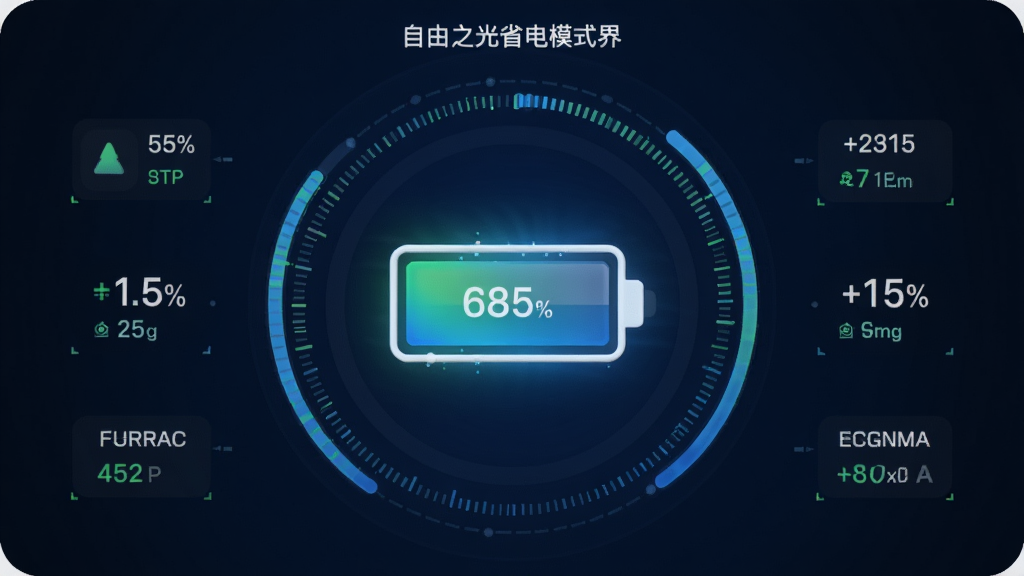 主体:自由之光省电模式界面,电池图标显示电量百分比;布局:中央大电池图标,周围有数据圆环;排版:数据与图标对称排列;风格:科技感UI设计;细节:电池图标发光,背景为深蓝色;画质:高清,干净,无多余元素