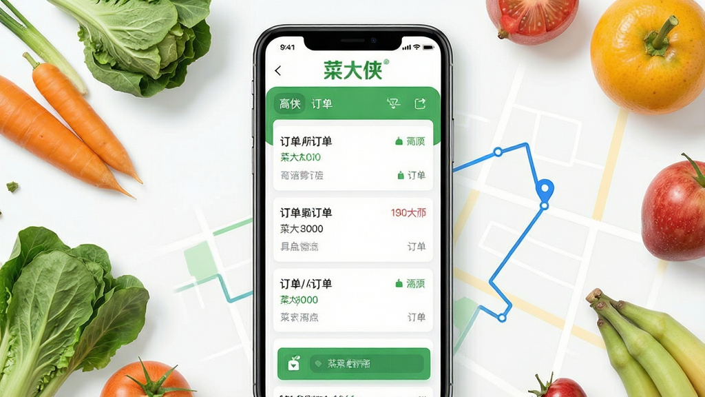 主体:菜大侠软件主界面展示,手机屏幕内显示订单列表和配送路线地图,界面简洁明亮。布局:居中构图,手机位于视觉中心,周围有蔬菜、水果等食材元素点缀。排版:界面文字清晰,功能图标排列整齐,顶部有“菜大侠”品牌字样。风格:现代扁平化设计,色彩清新,以绿色和白色为主色调。细节:屏幕中订单状态清晰可见,配送路线用蓝色线条标注,整体氛围专业高效。画质:高清渲染,干净,无多余元素。