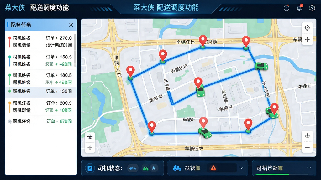 主体:菜大侠配送调度功能界面,展示地图上的配送路线和车辆位置。布局:地图占据主画面,左侧有配送任务列表,底部有司机状态栏。排版:路线用蓝色线条连接各个配送点,配送点用红色图钉标记,车辆位置用绿色小车图标显示。风格:科技感地图风格,配色明亮,信息层级分明。细节:地图上有道路名称和区域标注,任务列表显示司机姓名、订单数量和预计完成时间。画质:高清地图渲染,干净清晰,无多余元素。