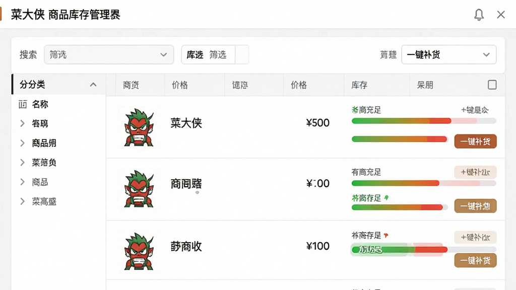 主体:菜大侠商品库存管理界面,展示商品列表和库存数量。布局:上方为搜索和筛选栏,下方为商品表格,左侧为分类导航。排版:商品以列表形式展示,包含图片、名称、价格和库存进度条。风格:清爽简约风格,背景白色,表格线条浅灰。细节:库存进度条用绿色到红色渐变表示库存充足到告急,支持一键补货按钮。画质:高清界面截图,干净整洁,无多余元素。