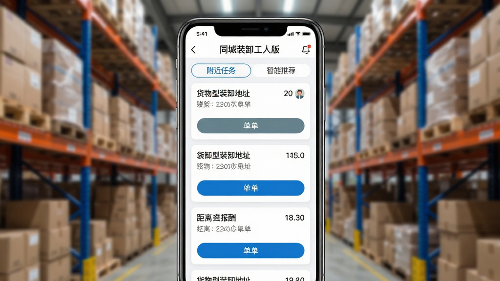 主体:手机屏幕展示“同城装卸工人版”的任务列表界面,列表中有多个装卸订单卡片,显示货物类型、装卸地址、距离和报酬。布局:手机居中,屏幕内容清晰可见,周围背景为模糊的仓库货架。排版:任务卡片整齐排列,每张卡片突出“抢单”按钮,界面顶部显示“附近任务”和“智能推荐”标签。风格:UI截图风格,界面简洁现代,色彩明快,画质高清,干净无多余元素。