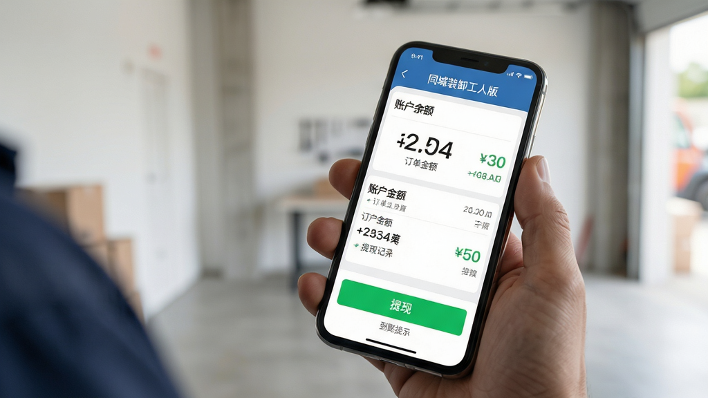 主体:一名装卸工人在手机上查看收入明细,屏幕显示“同城装卸工人版”的结算页面,包括订单金额、提现按钮和到账提示。布局:人物手部特写,手机屏幕清晰展示账户余额和提现记录,背景为简洁的室内环境。排版:页面数据用大号数字突出显示,提现按钮用绿色高亮。风格:写实风格,光线柔和,细节丰富,画质高清,干净无多余元素。
