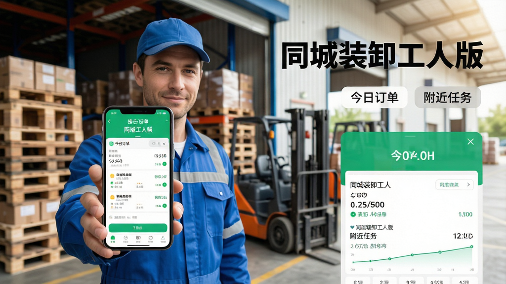 主体:一名身穿工作服的装卸工人在仓库门口使用手机查看订单,手机屏幕显示“同城装卸工人版”的接单界面,背景是整齐堆放的货物托盘。布局:人物居中偏左,手机屏幕朝向镜头,右侧留出空间展示软件名称和订单信息。排版:画面简洁,突出手机屏幕内容,软件名称用大号粗体字置于画面右上角,下方排列“今日订单”“附近任务”等小标签。风格:写实风格,色彩明亮,光线自然,细节丰富,画质高清,干净无多余元素。