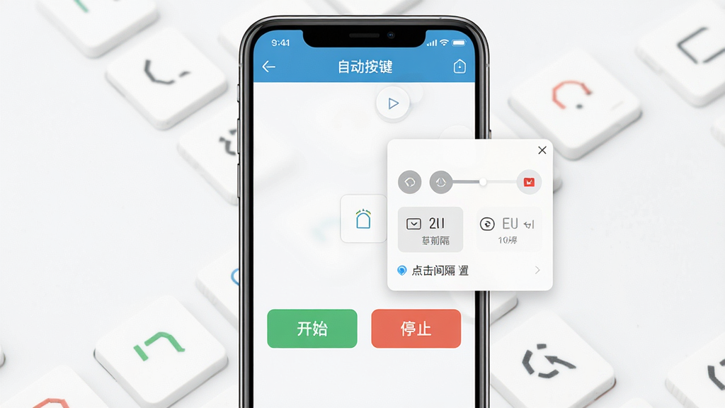一幅高清产品展示图,主体是“自动按键”软件在手机屏幕上的运行界面,界面清晰显示“开始”“停止”按钮与悬浮窗控制面板,布局居中,排版简洁,风格现代扁平化,细节包括点击间隔设置选项,画面干净,画质高清,无多余元素。