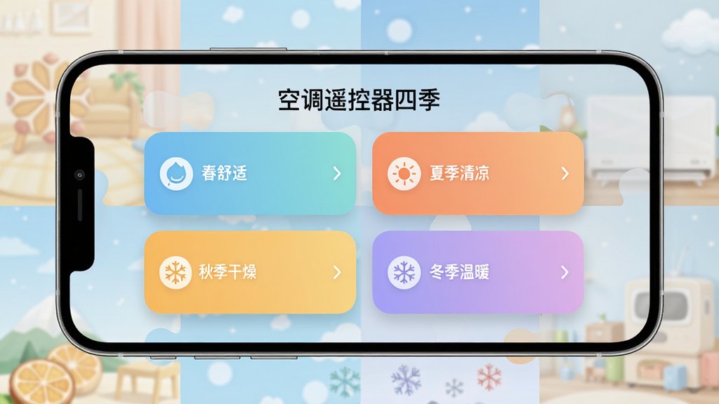 手机横屏展示“空调遥控器四季”智能场景选择界面,四个彩色卡片分别标注春季舒适、夏季清凉、秋季干燥、冬季温暖,背景为四季拼图风格,界面简洁现代,色彩柔和,画质干净无多余元素