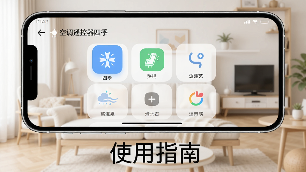 一张手机横屏截图,显示“空调遥控器四季”主界面,背景为浅色家居环境,手机下方有文字“使用指南”,界面清晰,画质干净无多余元素