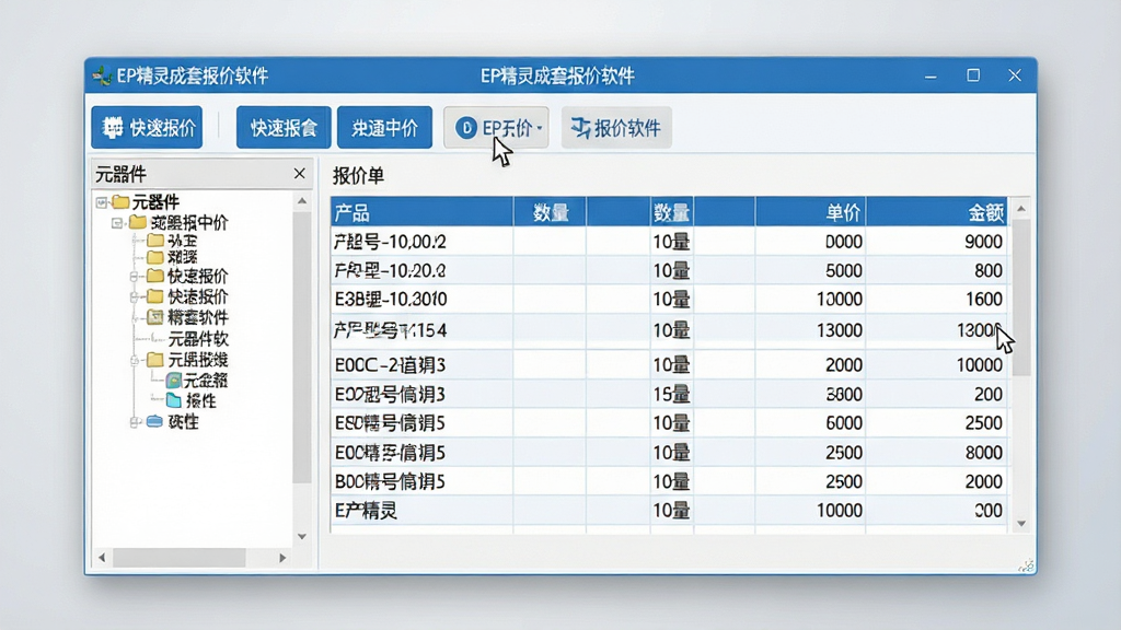 主体:EP精灵成套报价软件界面截图,展示主窗口中的报价单表格、左侧元器件树形列表、顶部功能按钮。布局:居中构图,窗口比例正常,四周留白,背景为浅灰渐变。排版:清晰的分栏布局,文字可辨认为“EP精灵成套报价软件”,界面元素对齐。风格:扁平化设计,现代商务风格,蓝色与白色主色调。细节:报价单中有产品型号、数量、单价、金额等列,鼠标指针悬浮在“快速报价”按钮上。画质:高清,干净,无多余元素。