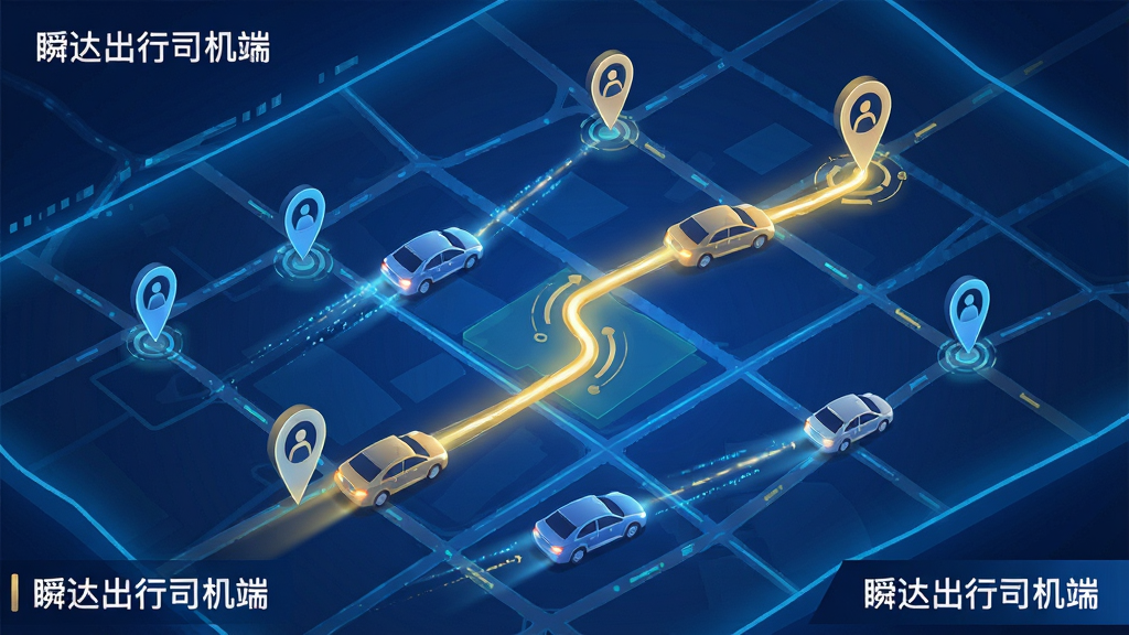 主题为“瞬达出行司机端智能派单”概念图。主体为一个发光的电子地图网格,上面有移动的车辆光点和乘客定位点,一条醒目的金色路线将两者连接。布局采用俯视角度,地图铺满画面。风格为科技感插画,蓝色与金色为主色调。细节需在画面角落标注“瞬达出行司机端”字样。画质干净,无多余元素。