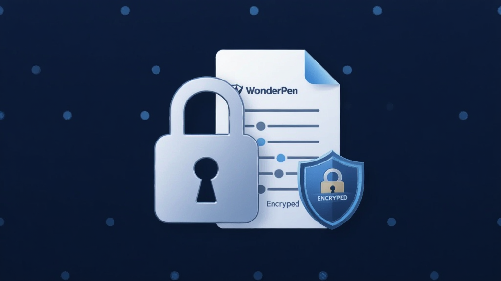 一张体现WonderPen数据加密的图片,主体是一个锁头图标与文档重叠,背景为深蓝色,布局居中,排版简洁,风格科技感,细节包括盾牌和加密字样,画质干净,无多余元素
