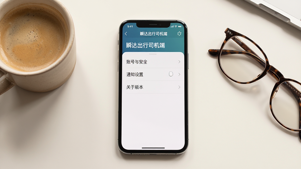 主体为一部手机屏幕特写,屏幕上显示“瞬达出行司机端”的设置界面,界面中有“账号与安全”、“通知设置”、“关于版本”等选项。手机旁边放置着一杯咖啡和眼镜,桌面整洁。布局为手机居中,周围留白。风格为简约生活风,色调柔和温暖。细节需清晰显示屏幕上的“瞬达出行司机端”字样。画质高清,画面干净。