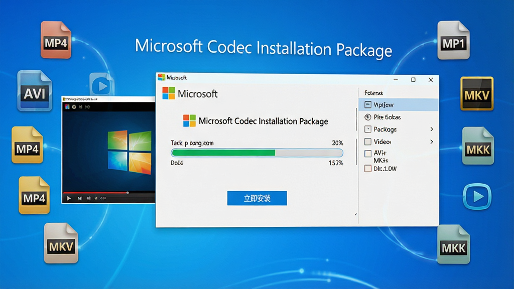 ���壺΢���ٷ���������װ���棬������Ļ��ʾ��Microsoft Codec Installation Package����װ����������Χ���ƶ�����Ƶ��ʽͼ�꣨��MP4��AVI��MKV�������֣���Ļ���У�����Ϊ������ɫ���䣬����в���������Ԥ�����Ҳ�Ϊ��װѡ���б����Ű棺�����½ṹ���Ϸ�������Ŀ���в����������·���������װ����ť����񣺿Ƽ��С�����ִ���ϸ�ڣ�������������Ӱ��ͣ�ɫ�����������ʣ�8K���壬�ɾ����޶���Ԫ�ء�