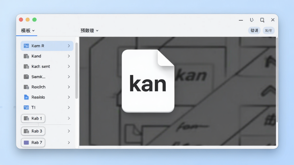 画面主体为kan文件制作器软件主界面,背景为淡蓝色渐变,界面中央悬浮一个白色文档图标,图标上带有“kan”字样。布局采用居中构图,左侧为模板列表,右侧为预览区域,整体风格简洁明亮,细节展示按钮圆角与阴影效果,画质高清干净,无多余元素。