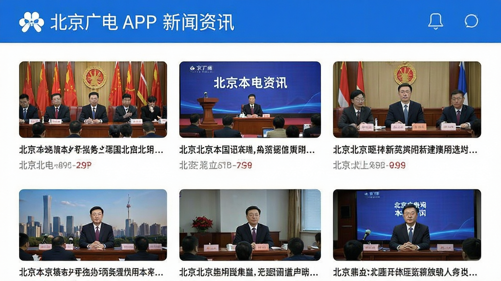 北京广电APP新闻资讯页面,展示最新北京本地新闻列表,配图清晰,排版整齐,蓝色标题醒目,现代UI设计,画质干净