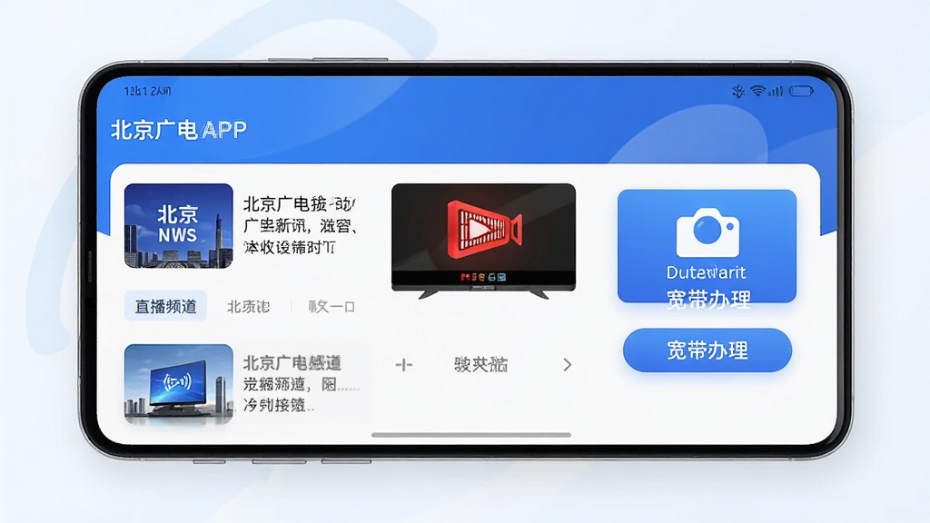 北京广电APP主界面预览,包含新闻资讯、直播频道、宽带办理入口,现代简约风格,蓝色主色调,高清画质,干净无多余元素