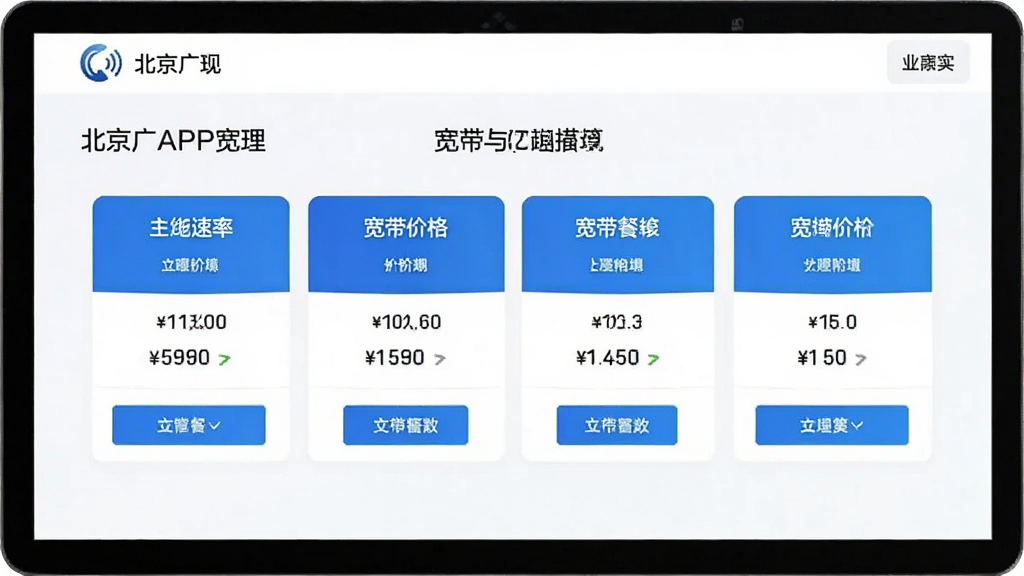 北京广电APP宽带办理页面,展示宽带套餐列表,包含速率、价格信息,界面清爽,蓝色按钮,现代商务风格,画质干净