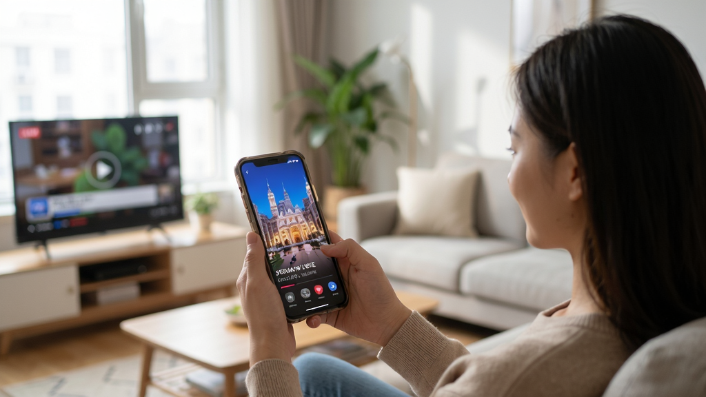 北京广电APP使用场景图,用户手持手机观看直播,背景为客厅,画面清晰,自然光,生活化风格,画质干净