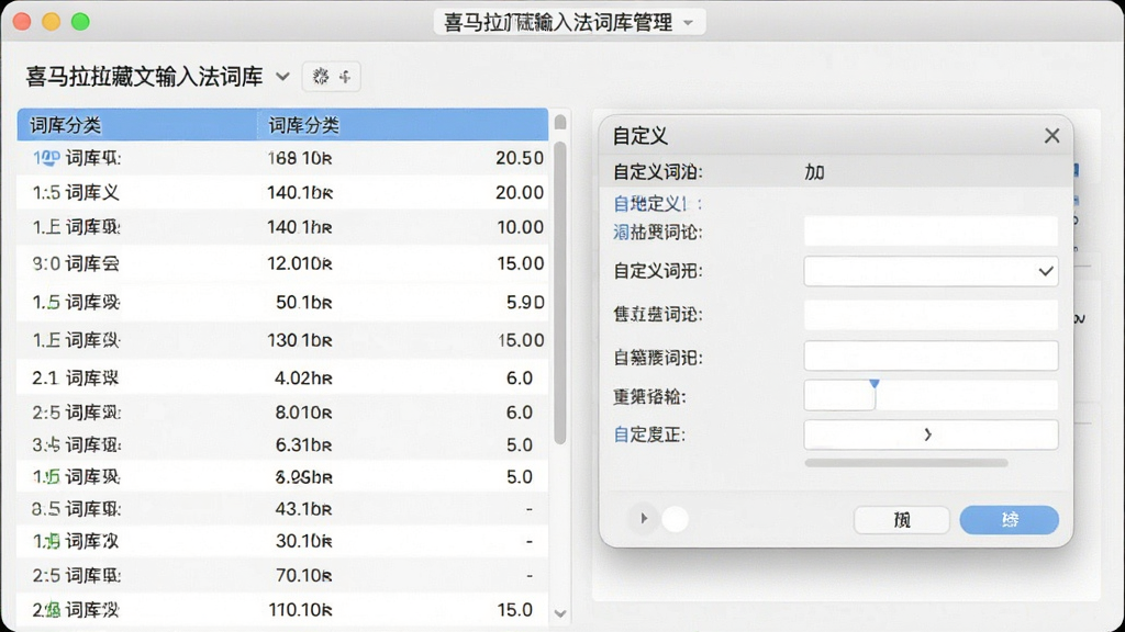 一张展示喜马拉雅藏文输入法词库管理界面的图片,主体为词库分类列表和自定义词汇添加窗口,布局左右分栏,排版简洁,风格清爽,细节显示词库数量统计,画质高清,无多余元素