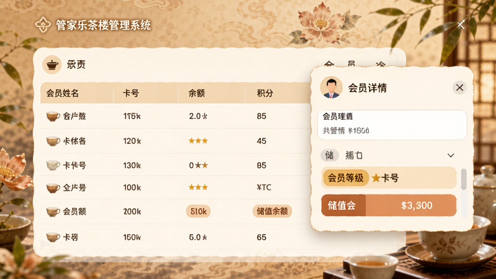 主体:“管家乐茶楼管理系统”的会员管理界面。布局:页面展示会员列表及会员详情弹窗。排版:表格形式展示会员姓名、卡号、余额、积分。风格:温馨的暖色调,卡片式设计。细节:突出显示“会员等级”和“储值余额”字段,背景有茶文化元素。画质:细腻柔和,界面整洁。