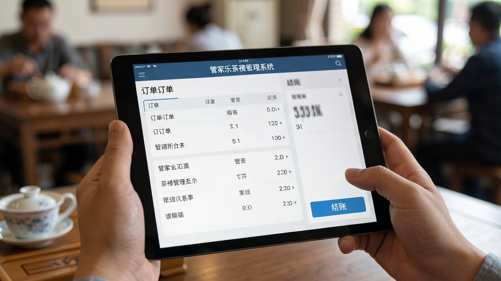 主体:用户正在使用平板电脑操作“管家乐茶楼管理系统”的移动端界面。布局:手持平板的手部特写,屏幕朝前,背景为茶楼实景。排版:屏幕内显示订单列表和结账按钮。风格:写实摄影风格,自然光线。细节:屏幕内容清晰可辨,显示“结账”按钮。画质:高清,焦点集中在屏幕,背景虚化。