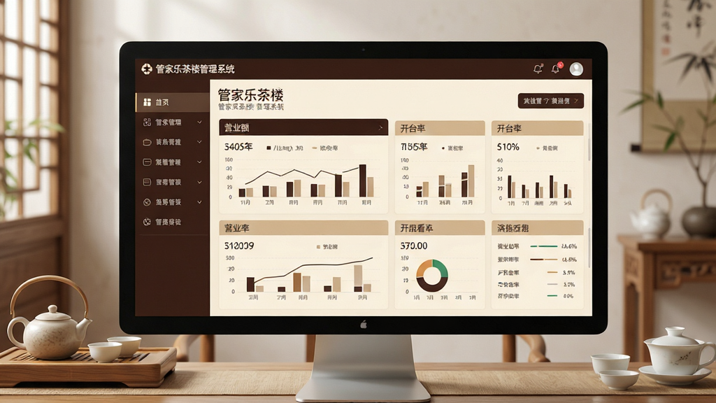 主体:管家乐茶楼管理系统的软件主界面在电脑屏幕上清晰展示,布局包含左侧功能导航栏和右侧数据看板。布局:画面中央为软件操作界面,背景为淡雅的茶室环境,木质茶桌上有茶具。排版:界面窗口比例协调,数据图表清晰可见。风格:现代商务与中式古典融合,色调以深棕和米白为主。细节:界面显示“管家乐茶楼管理系统”字样,数据看板展示营业额、开台率等图表。画质:高清渲染,干净整洁,无多余元素。